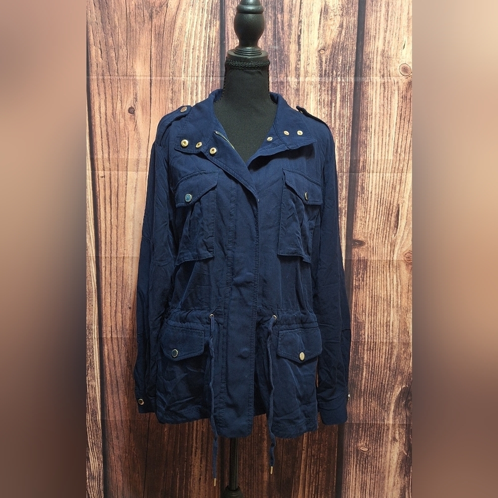 White House Black Market Utility Jacket in Navy with Gold Buttons Womens Size L!